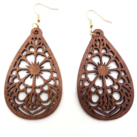 Earrings Wood Large Hollow Cut Dangle Boho Carved Hippie Trendy Stylish Flower - Picture 1 of 2